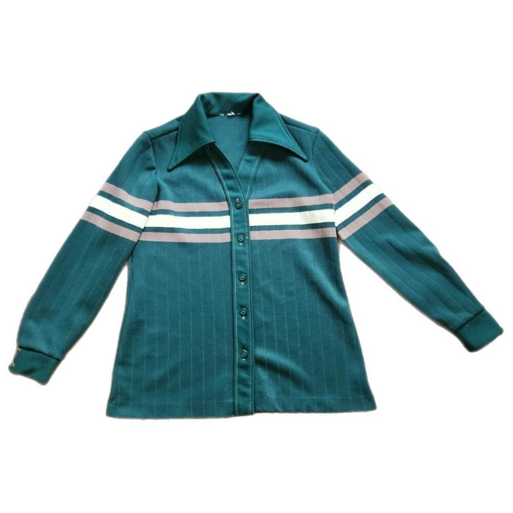 VINTAGE 70’S GREEN STRIPE BUTTON UP BLOUSE RETRO TWEE